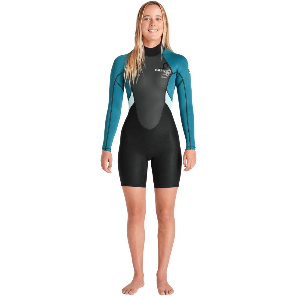 2026 C-Skins Da Donna Element 3/2mm Manica Lunga Back Zip Muta Primaverile C-EL32SPW - Black / Emerald / Ice Blue